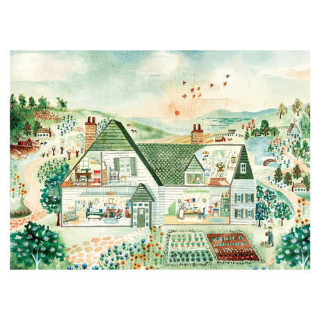 Whimsical watercolor cutaway of a cozy farmhouse with a garden, rolling hills, and sunset. SEO cozy home illustration.