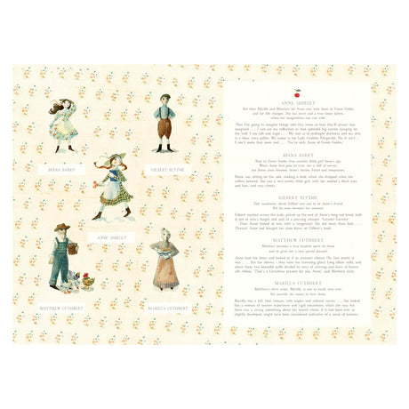 Illustrations of Anne of Green Gables characters with biographical text on a floral vintage-style book spread.