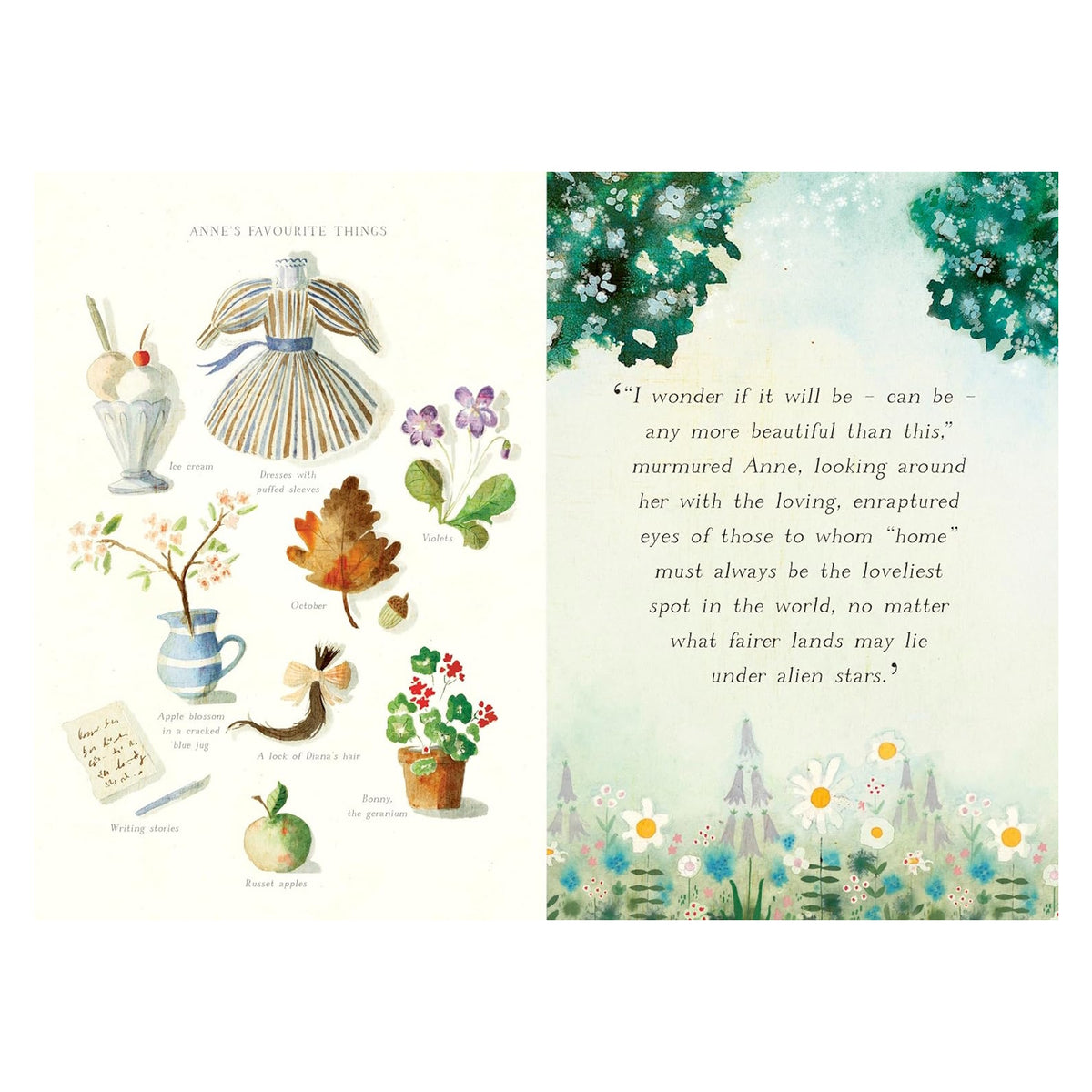 Watercolor illustrations of Anne of Green Gables’ favorite things and a quote about home amidst a floral landscape.