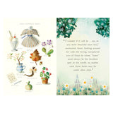 Watercolor illustrations of Anne of Green Gables’ favorite things and a quote about home amidst a floral landscape.