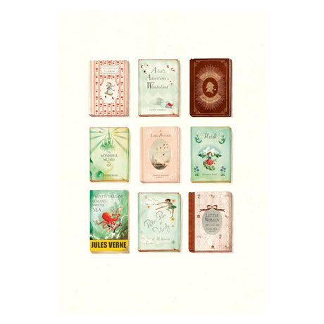A grid of nine illustrated classic book covers including Alice in Wonderland, Peter Pan, and The Wizard of Oz.