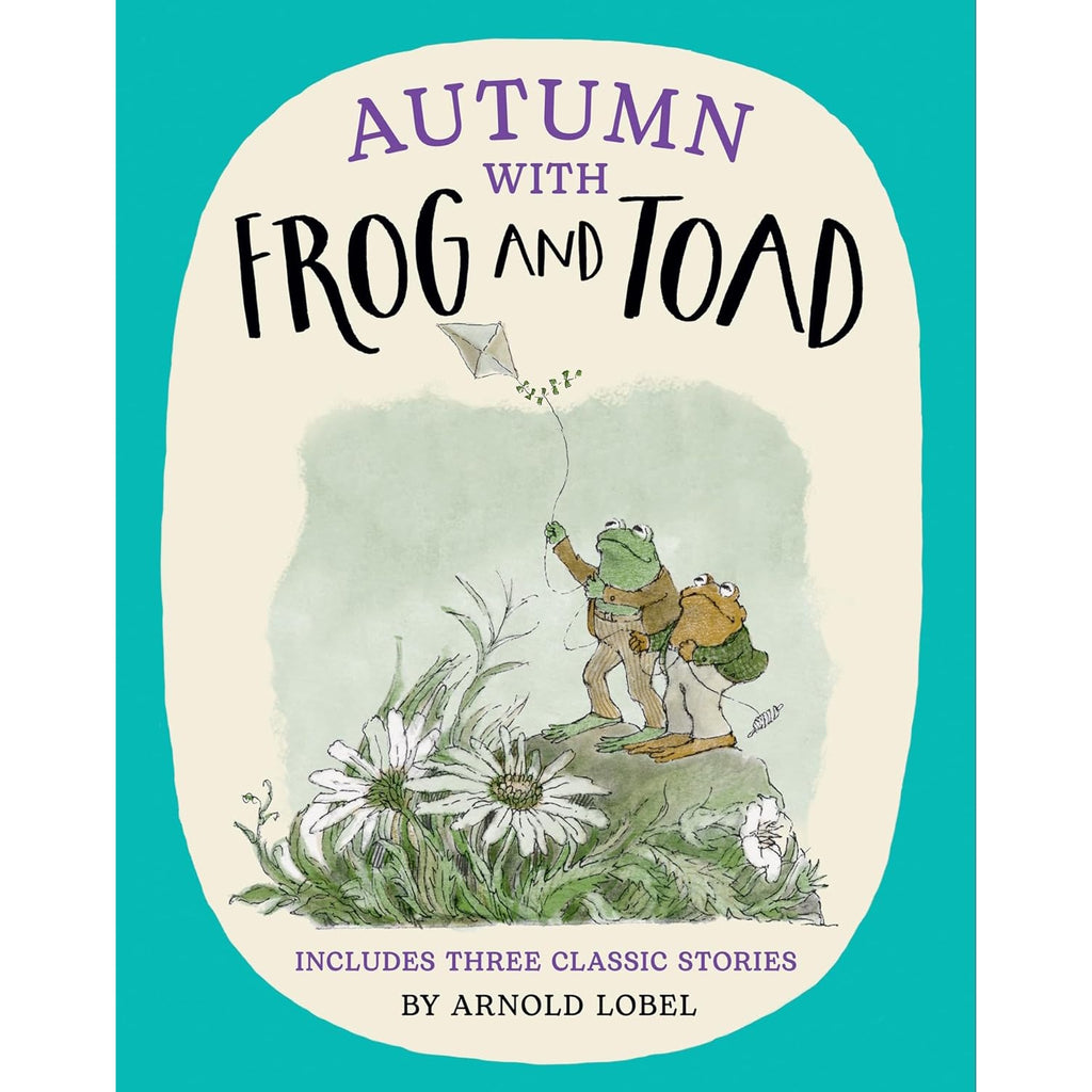 Cover of "Autumn with Frog and Toad" by Arnold Lobel. Frog flies a kite with Toad beside him in a field of daisies. Warm, playful tone.