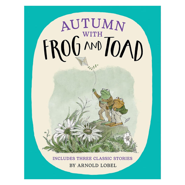 Book cover for Autumn with Frog and Toad by Arnold Lobel, featuring the characters flying a kite in a field of daisies.
