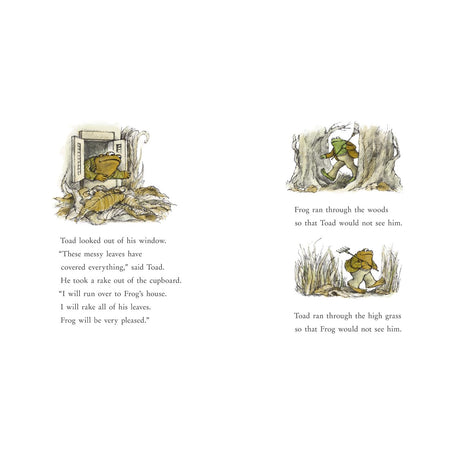 Illustrated book spread of Frog and Toad All Year showing Toad looking at leaves and both characters running with rakes.