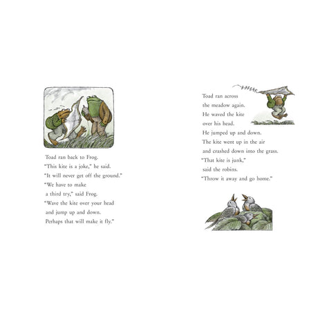 Illustration of Frog and Toad attempting to fly a kite in a meadow from the classic children's book series.