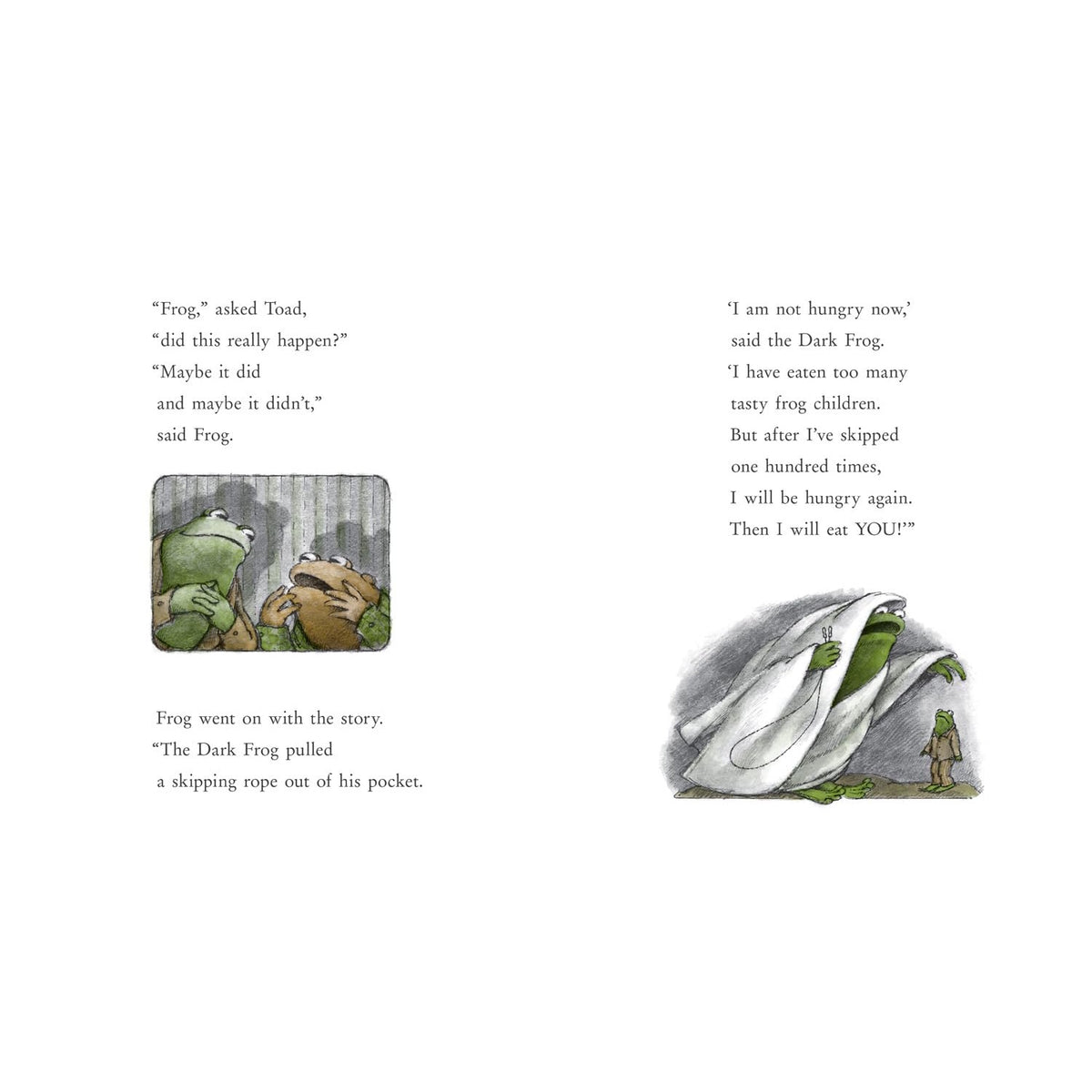 Frog and Toad book illustrations with text about the Dark Frog; one shows them talking, the other a ghost-like figure.