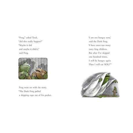 Frog and Toad book illustrations with text about the Dark Frog; one shows them talking, the other a ghost-like figure.
