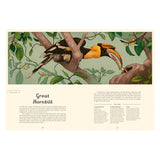 Open book pages featuring an illustration and descriptive text about the Great Hornbill.