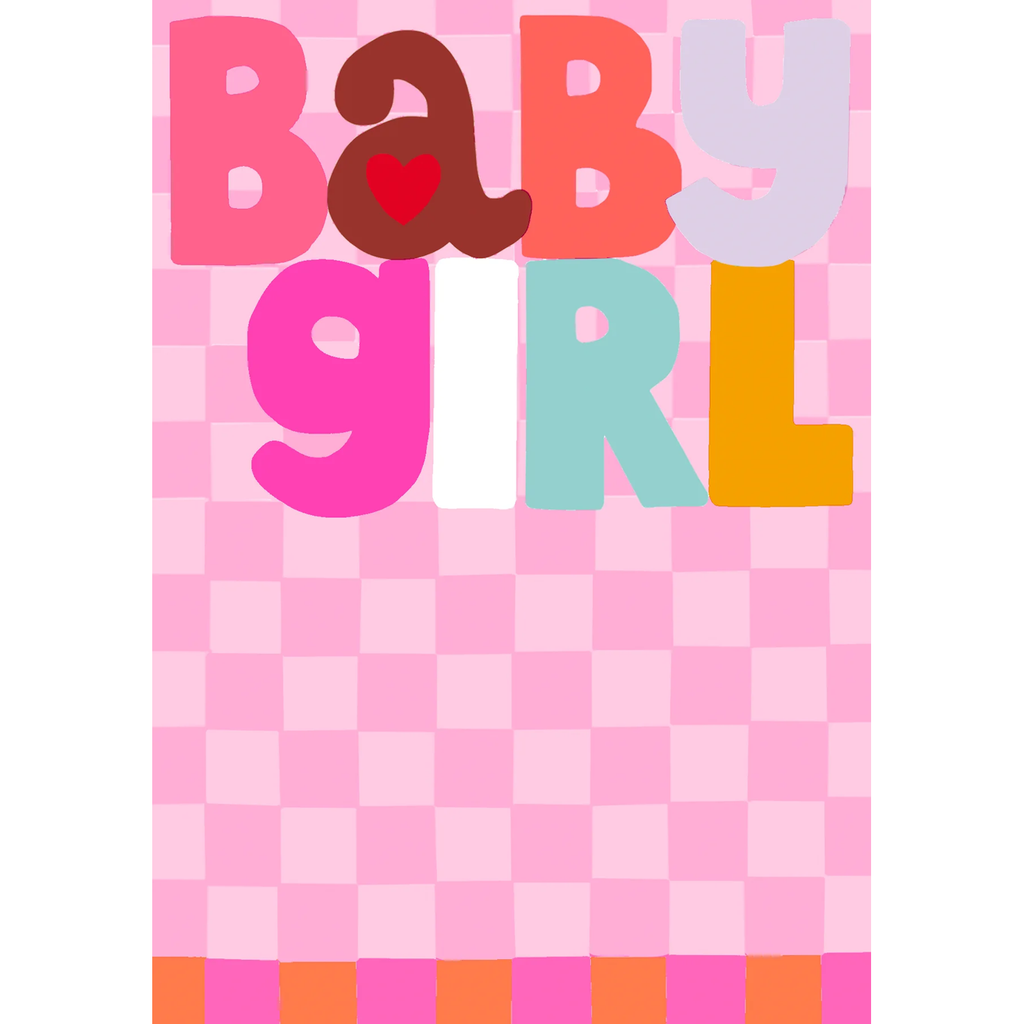 Colorful “Baby Girl” text on pink checkered background, each letter in different pastel shades. Whimsical, joyful tone, with a heart accent.