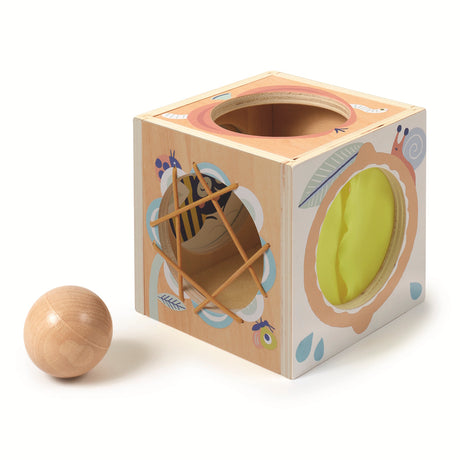 Wooden sensory activity cube toy for toddlers with elastic bands, fabric opening, and a matching wood ball.