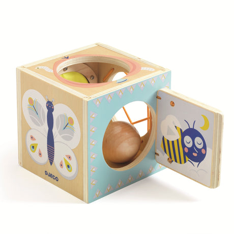 Djeco Boitabasic wooden shape sorter toy for toddlers featuring butterfly and bee illustrations.