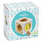 Djeco BabyBox wooden activity toy for toddlers 10 months plus, featuring a sensory box and wooden ball.