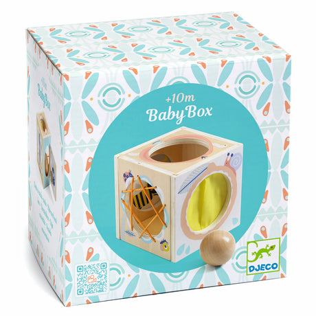 Djeco BabyBox wooden activity toy for toddlers 10 months plus, featuring a sensory box and wooden ball.