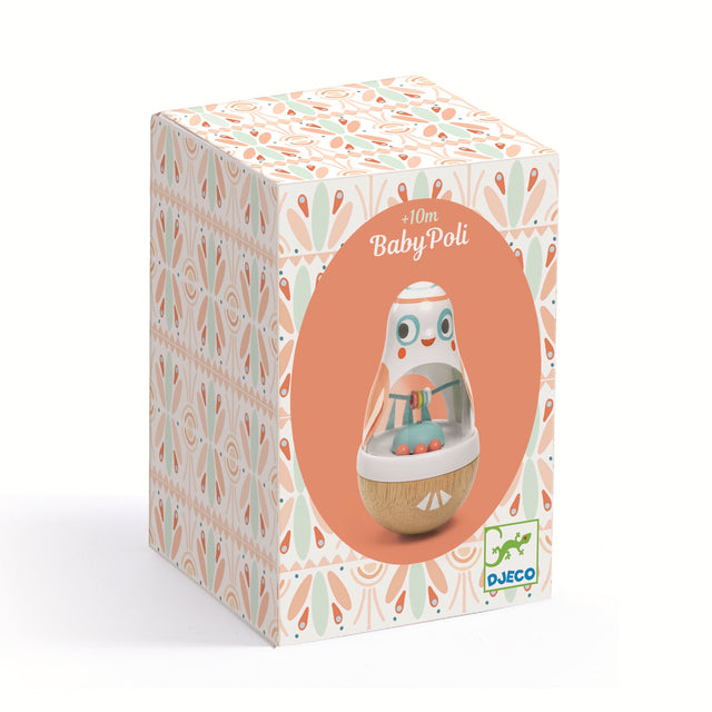 Djeco BabyPoli wooden roly-poly rattle toy for toddlers 10 months and up in decorative packaging.