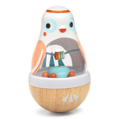 Wooden owl roly-poly baby toy with internal bead rattle and colorful rings on a white background.