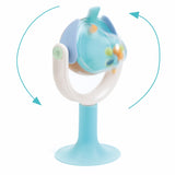 Spinning high chair baby rattle toy with suction cup base and colorful beads for sensory play.