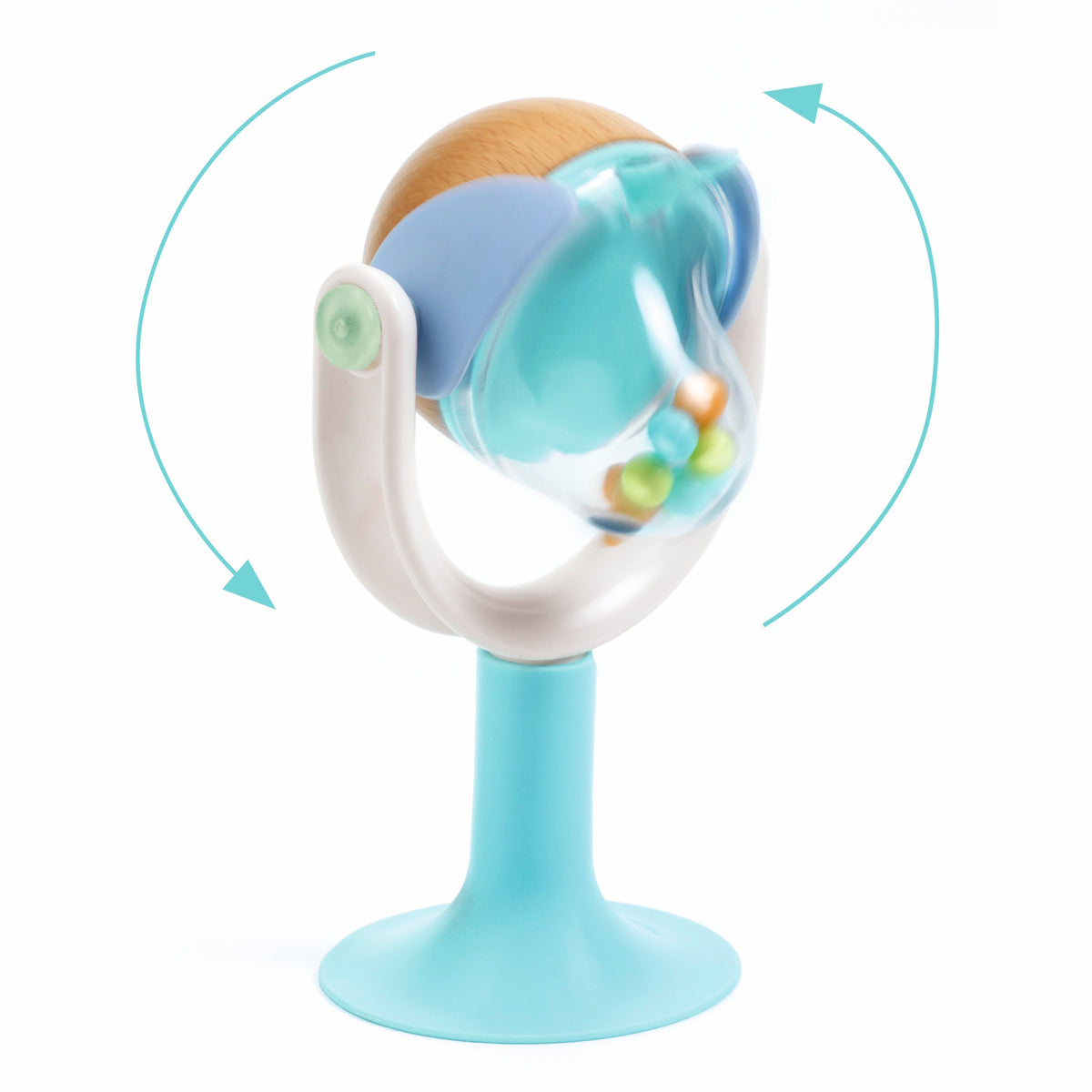 Spinning suction cup high chair toy with colorful rattle beads and teal base for infant sensory play.