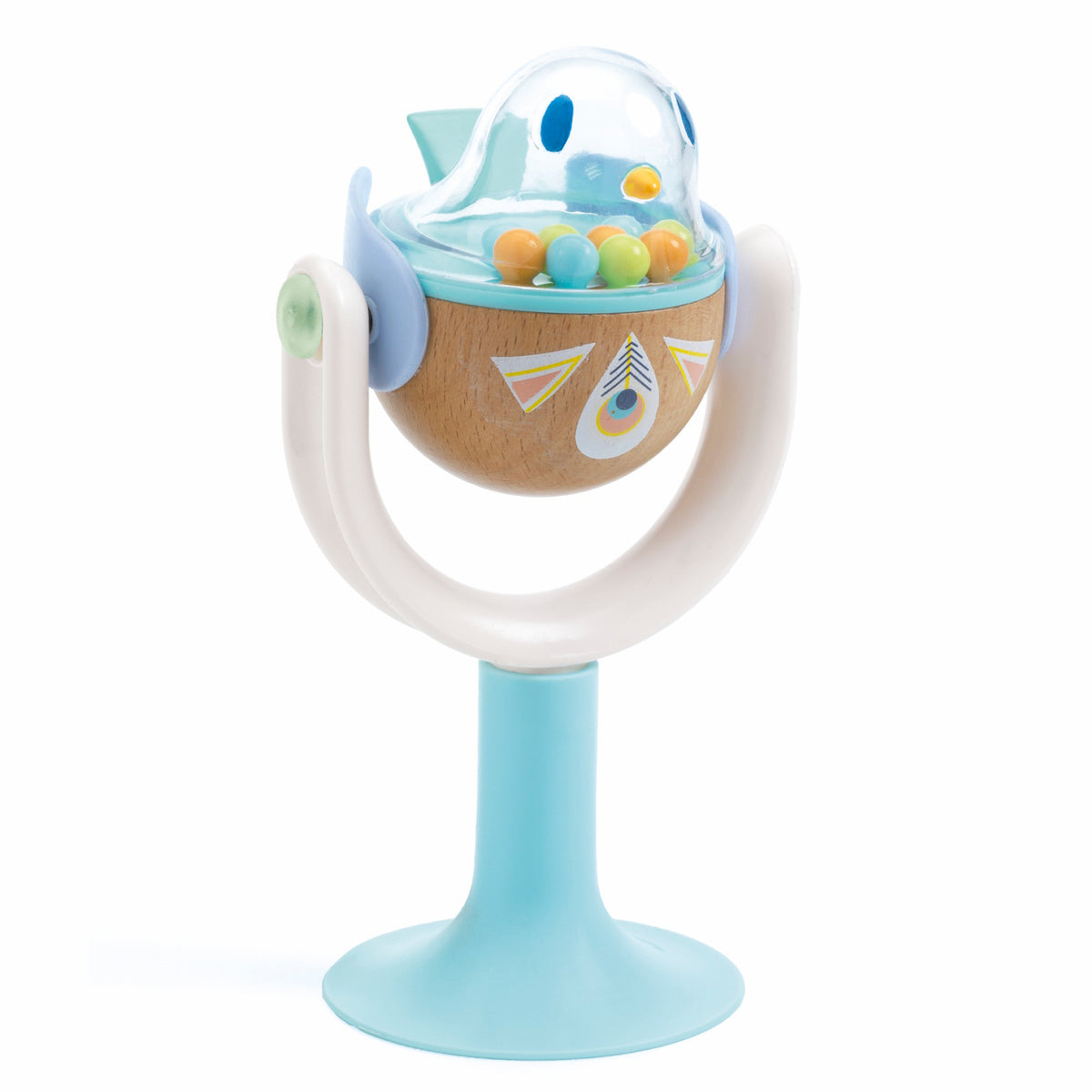 Wooden bird baby rattle high chair toy with suction base and colorful beads for sensory play.