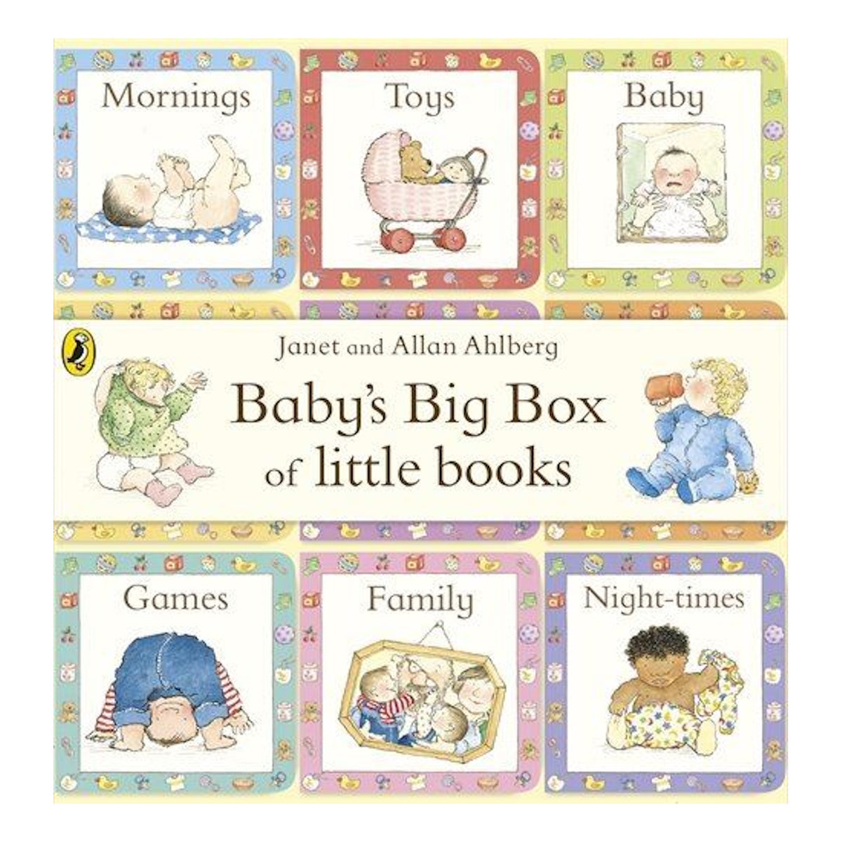 Baby's Big Box of Little Books by Janet and Allan Ahlberg features nine illustrated board books for infants.