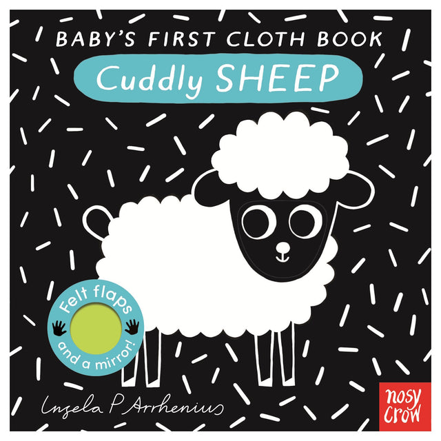"Baby's First Cloth Book: Cuddly Sheep" cover featuring a black-and-white sheep on a pattern background.