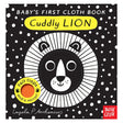 Cuddly Lion baby cloth book cover featuring a high-contrast black and white lion illustration and yellow accents.
