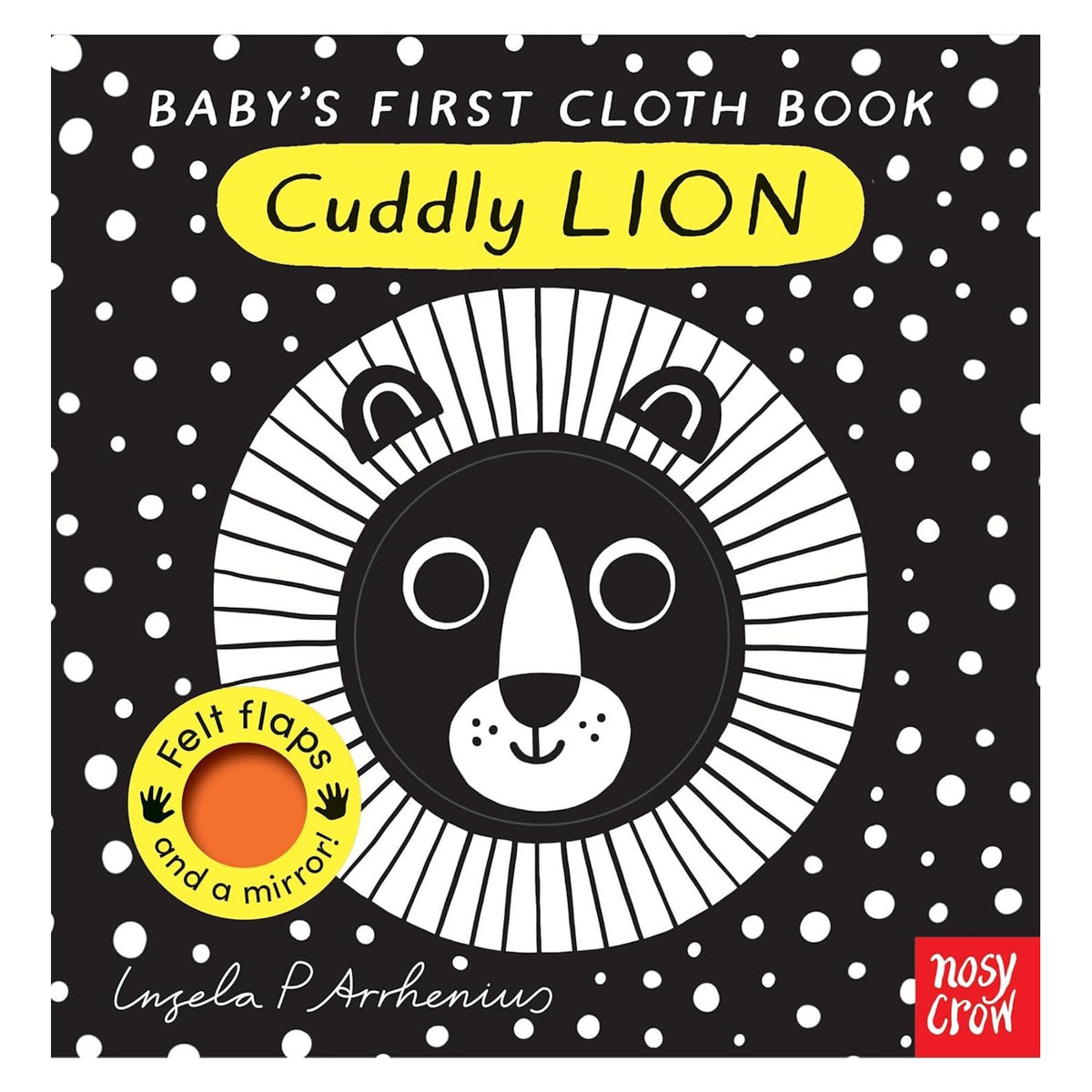 Cuddly Lion baby cloth book cover featuring a high-contrast black and white lion illustration and yellow accents.