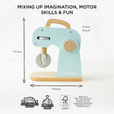 Pastel blue wooden toy mixer with dimensions 197mm height, 168mm width, and 85mm depth.