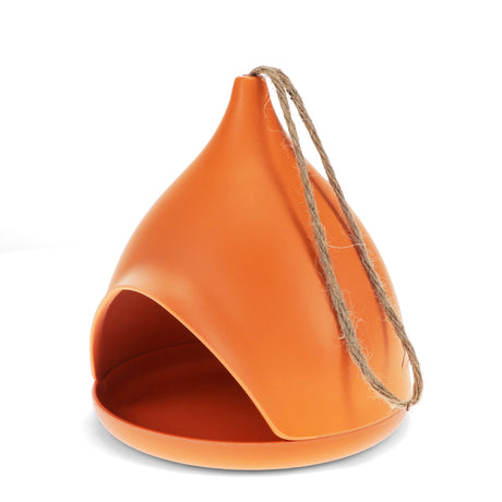 Orange bamboo fiber bird feeder with a teardrop shape and hanging rope, shown from a side angle on a white background.