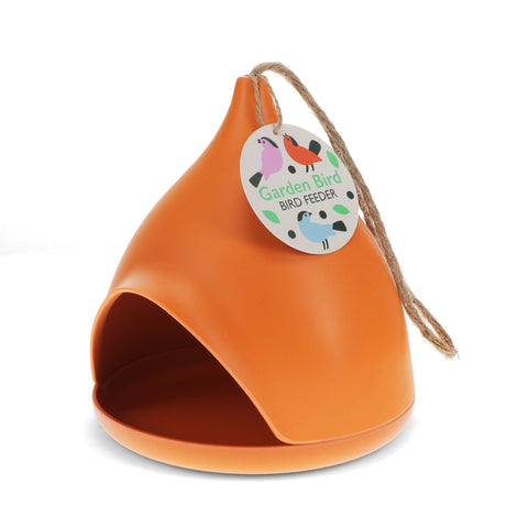 Orange bamboo fiber garden bird feeder with teardrop shape, hanging rope, and wide feeding opening on a white background.