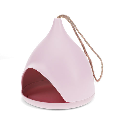 Pink teardrop-shaped bamboo fiber bird feeder with a jute hanging rope and wide front opening for bird seed access.