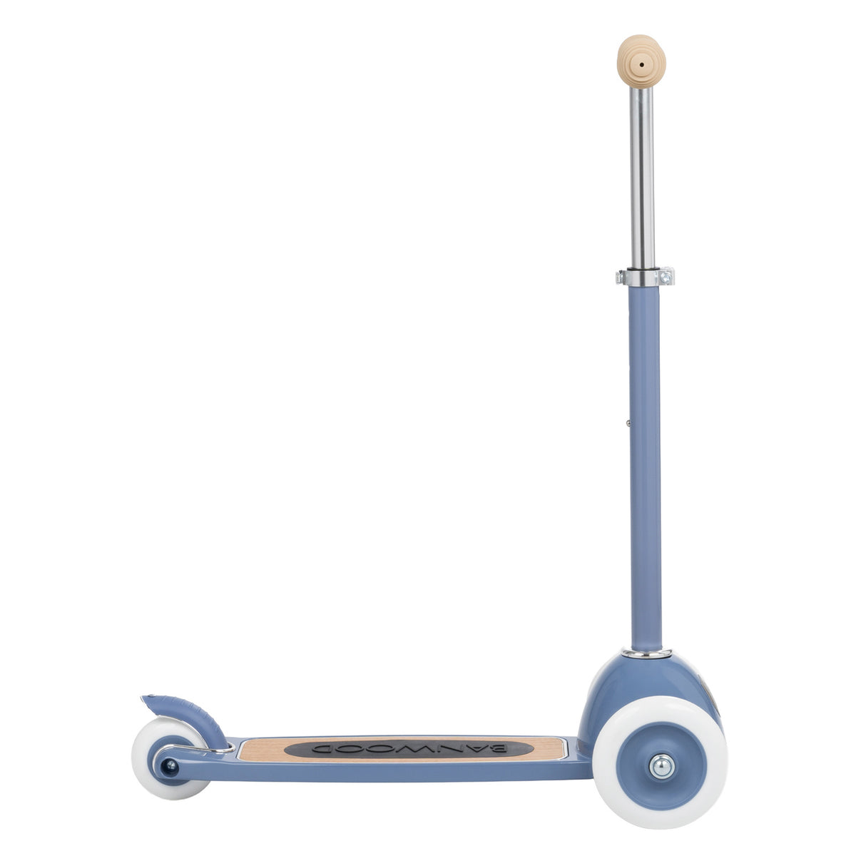 Banwood kids scooter in blue with adjustable handlebar, wooden deck, and three white wheels on white background.