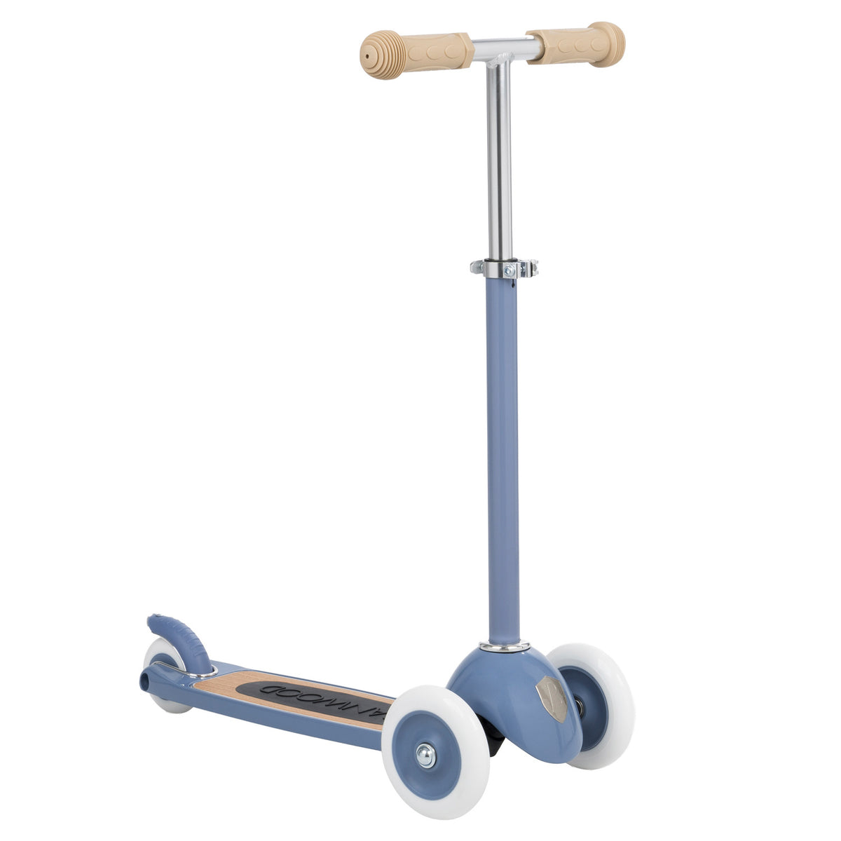 Banwood kids scooter in blue with wooden T-bar handles, adjustable stem, wooden deck, and three white wheels.