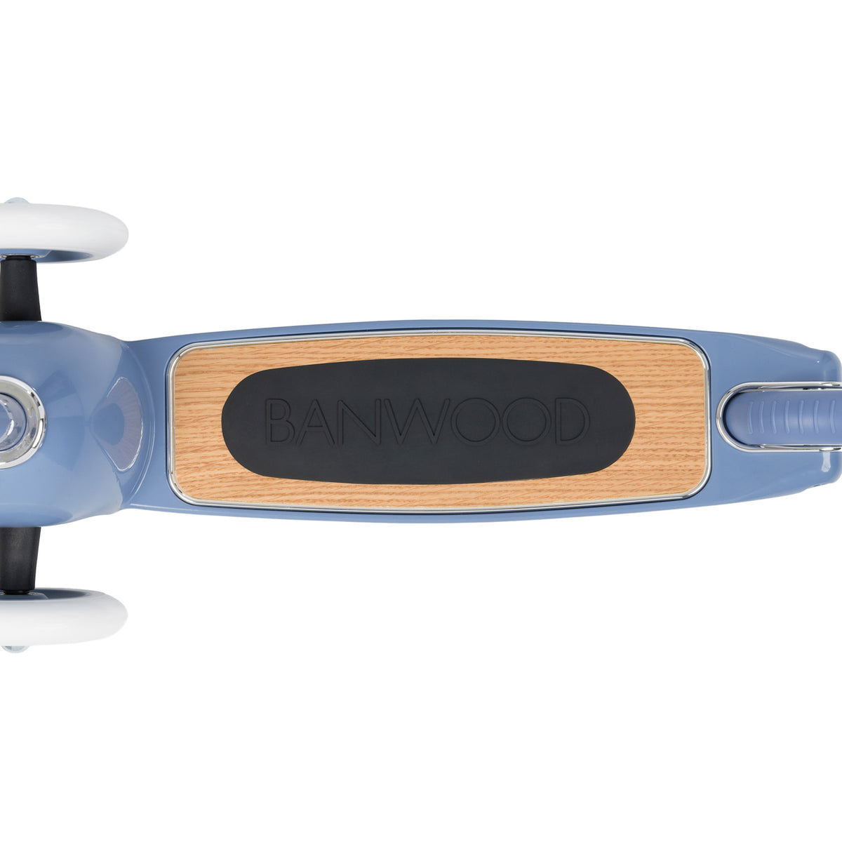 Banwood scooter blue deck top view showing natural wood surface with black rubber grip and Banwood logo.