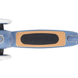 Banwood scooter blue deck top view showing natural wood surface with black rubber grip and Banwood logo.