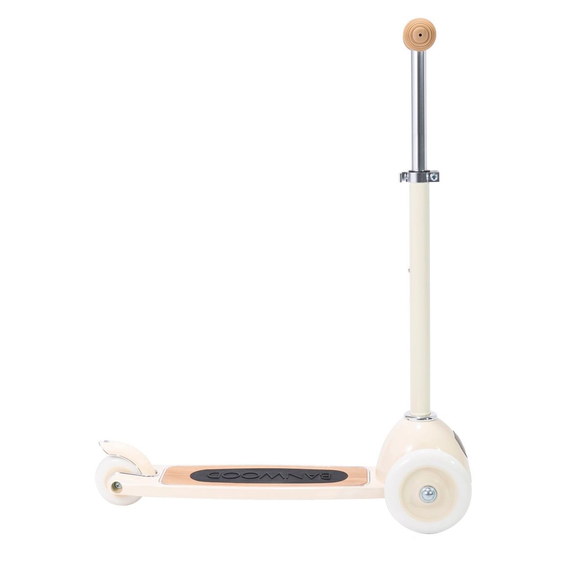 A stylish vintage-style kids' scooter in a soft cream color, featuring three wheels for stability and adjustable handlebar.