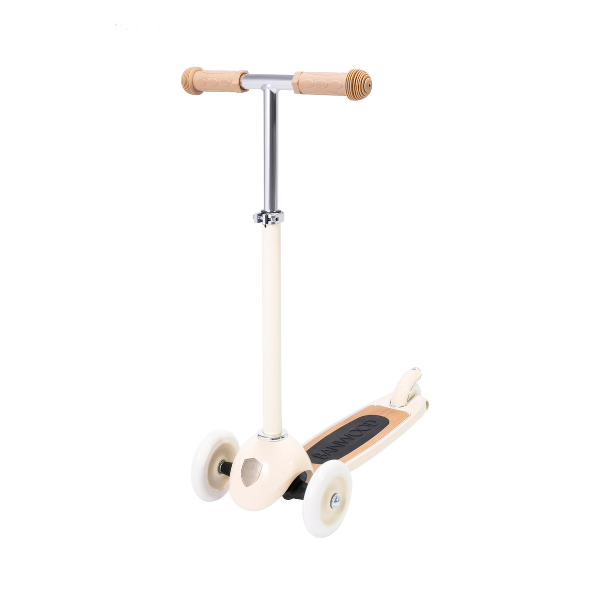 A stylish vintage-style kids' scooter in a soft cream color, featuring three wheels for stability and adjustable handlebar.