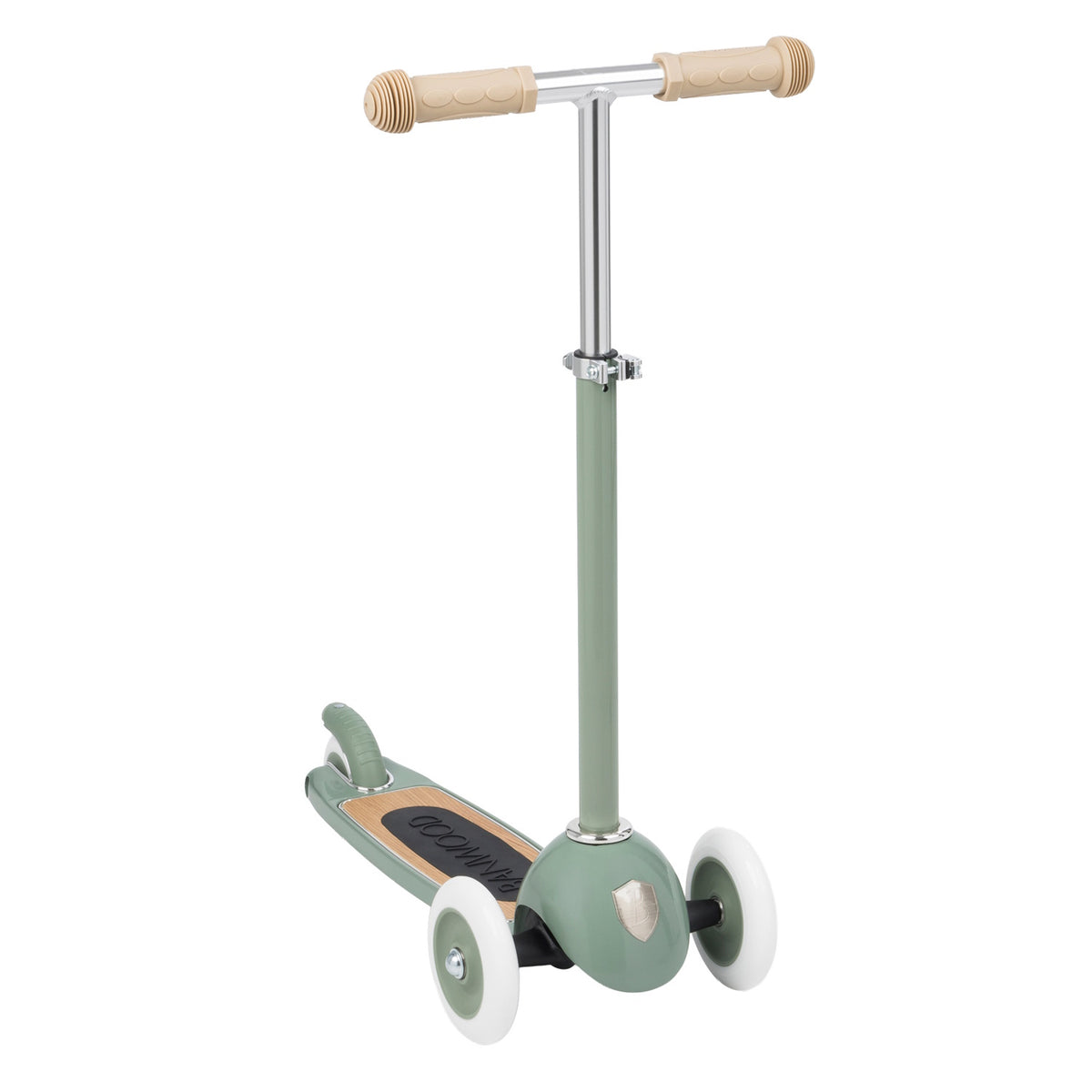 High-angle front view of a sage green 3-wheeled kids scooter with beige grips on a white background.