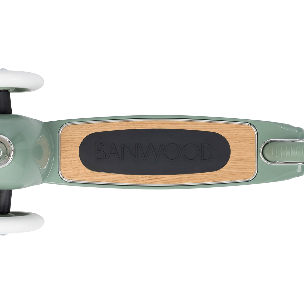 Top-down view of a sage green scooter deck with a wooden finish and black Banwood grip pad on a white background.