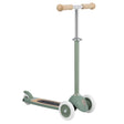 Sage green 3-wheeled kids scooter with beige handlebars and a wooden deck, set against a white background.