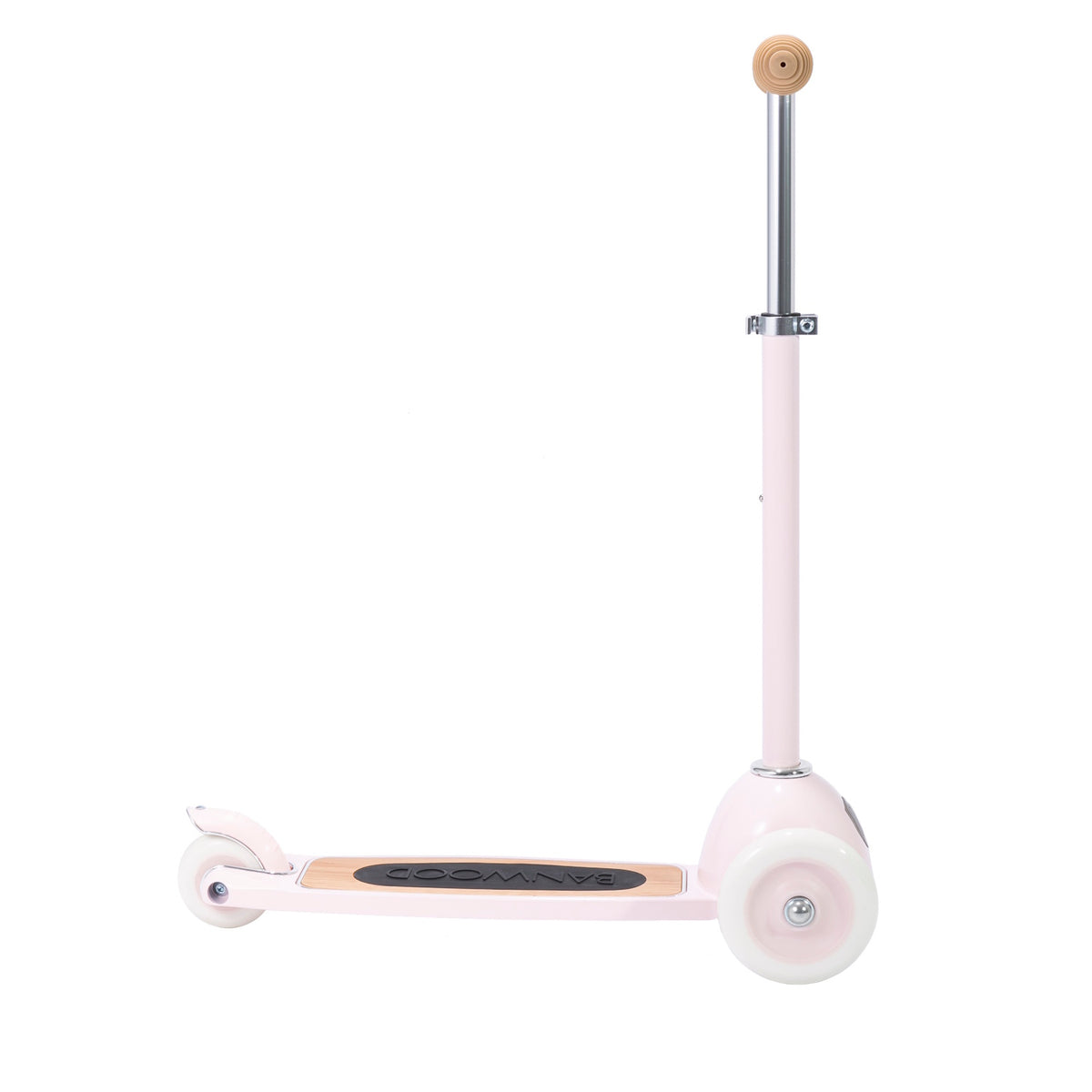 A charming retro-style kids' scooter in pastel pink, featuring three wheels for balance and adjustable handlebar.