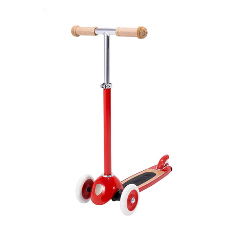 Front 3/4 view of a red Banwood three-wheeled kick scooter shown without the front wicker basket.