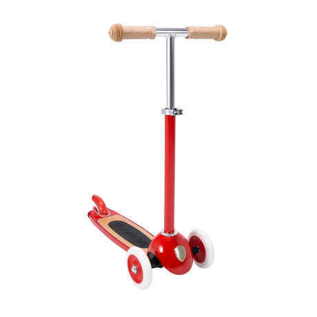 Front 3/4 view of a red Banwood three-wheeled kick scooter shown without the front wicker basket.