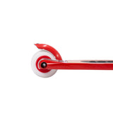 Close-up side view of the rear wheel, fender brake, and deck of a red Banwood kick scooter.