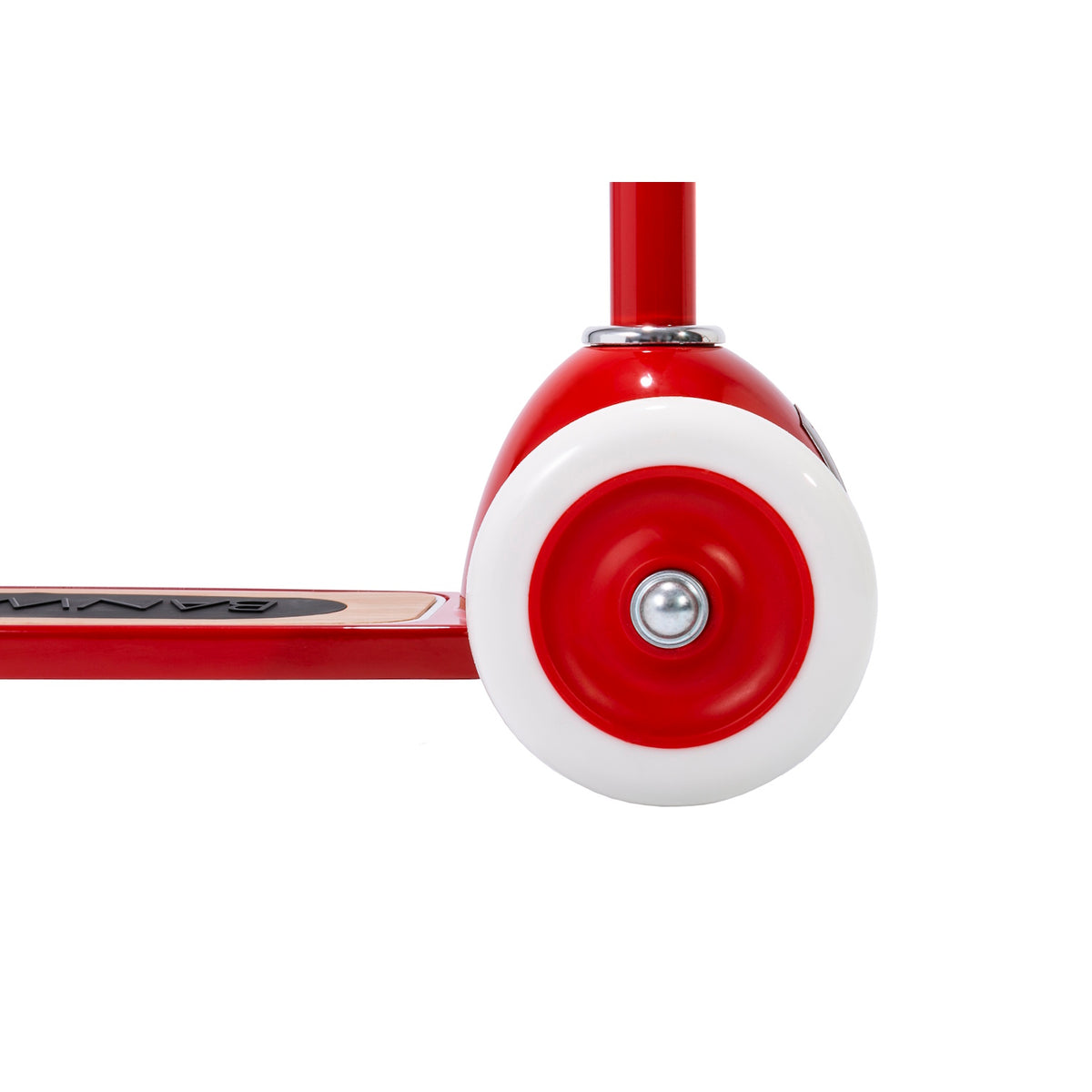 Close-up side view of one of the front wheels and steering base of a red Banwood kick scooter.