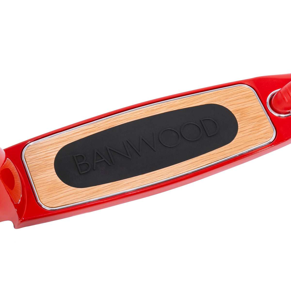 Close-up view of the wooden deck and black non-slip grip tape featuring the "BANWOOD" logo on a red Banwood kick scooter.