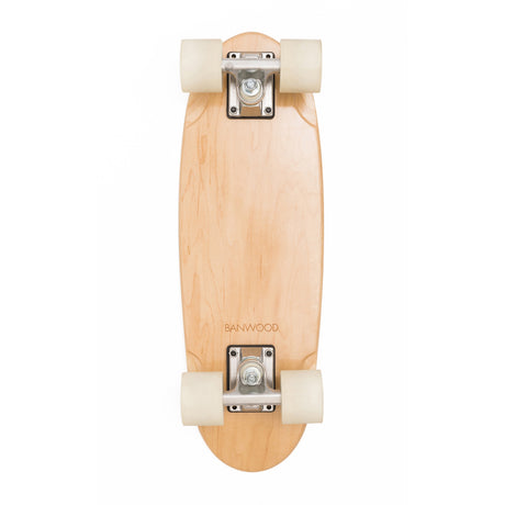 A minimalist cruiser skateboard with a natural wood finish, soft wheels, and a classic design, perfect for young riders and smooth cruising.
