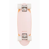 A vintage-inspired cruiser skateboard featuring a pastel pink deck, soft wheels, and a durable maple wood finish, perfect for young beginners.