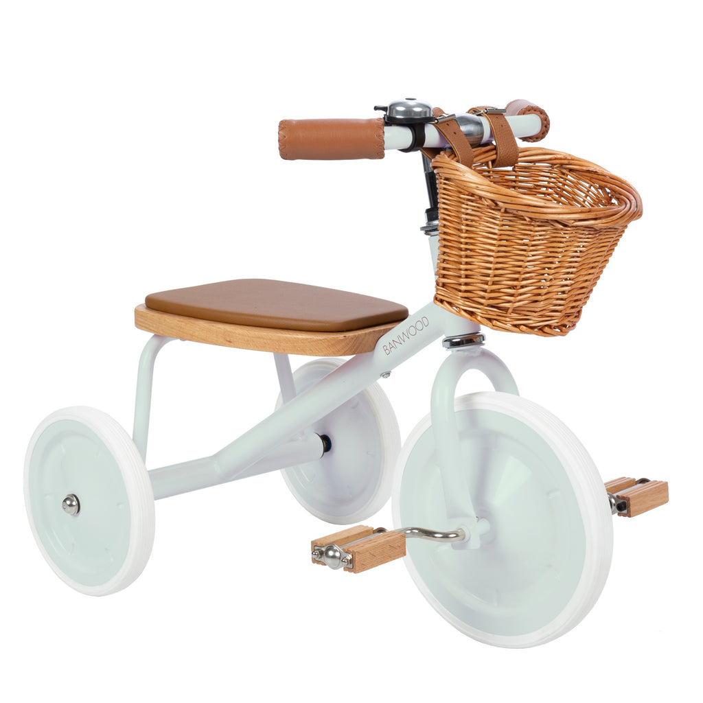 A vintage-inspired children's tricycle in a soft mint green, featuring a sturdy steel frame, wooden pedals, a removable push bar, and a wicker basket.
