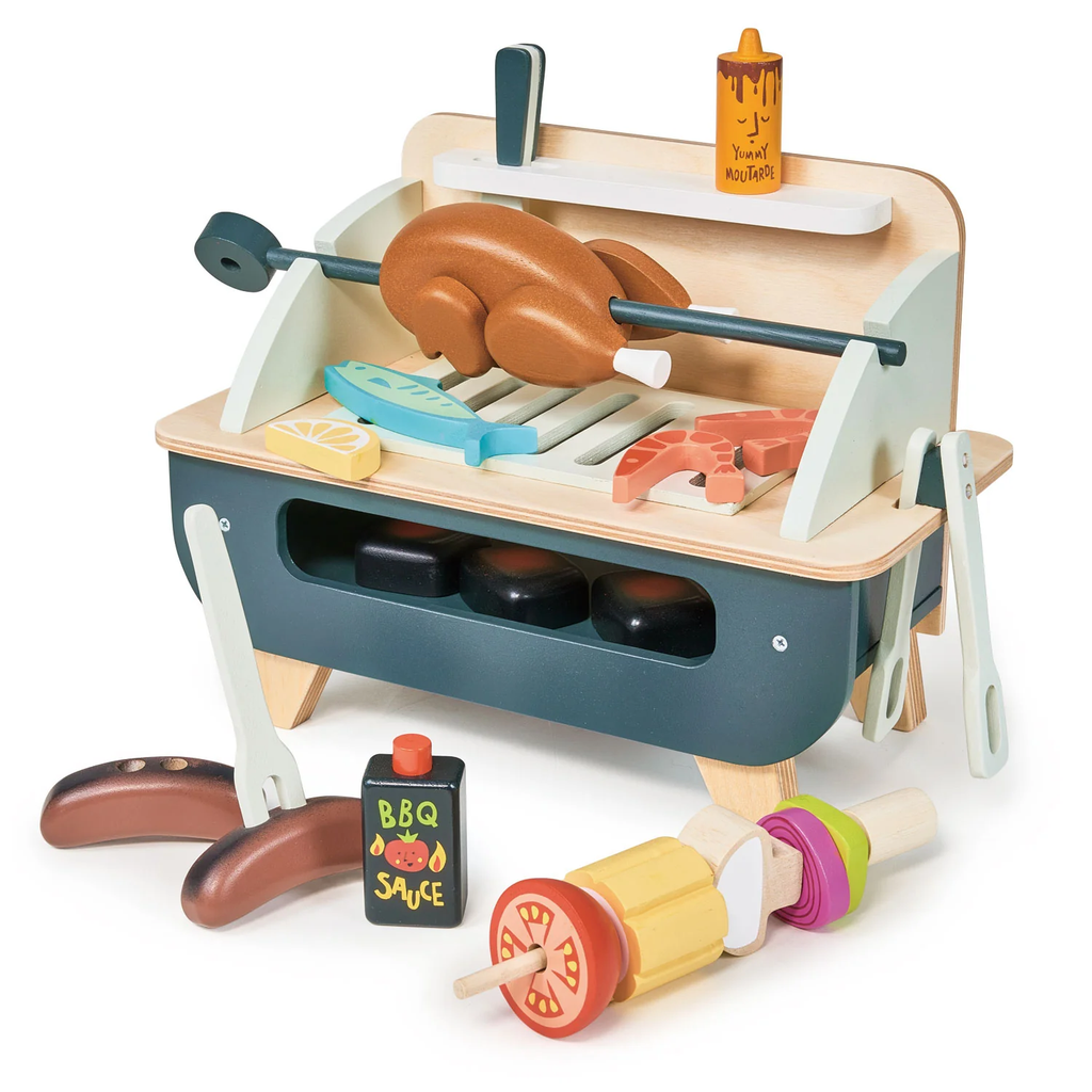 Featuring a wooden BBQ grill with pretend food, utensils, and accessories for kids to enjoy imaginative outdoor cooking play.
