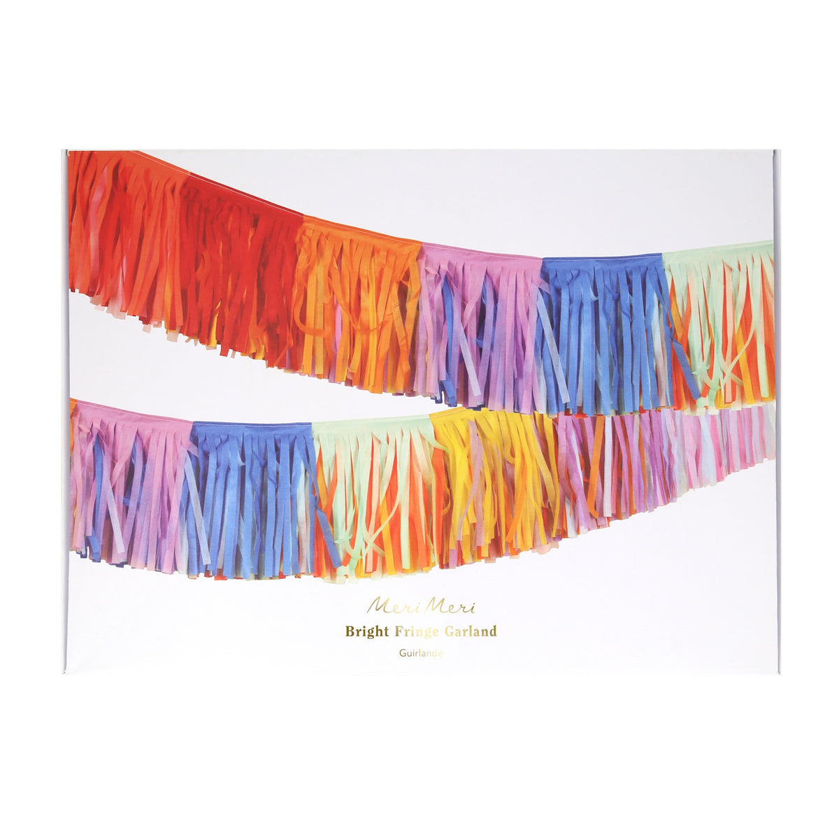 Packaging for a Meri Meri Bright Fringe Garland showing colorful tassel strands inside.